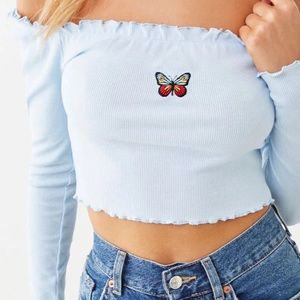 Long Sleeve Blue Butterfly Strapless Top